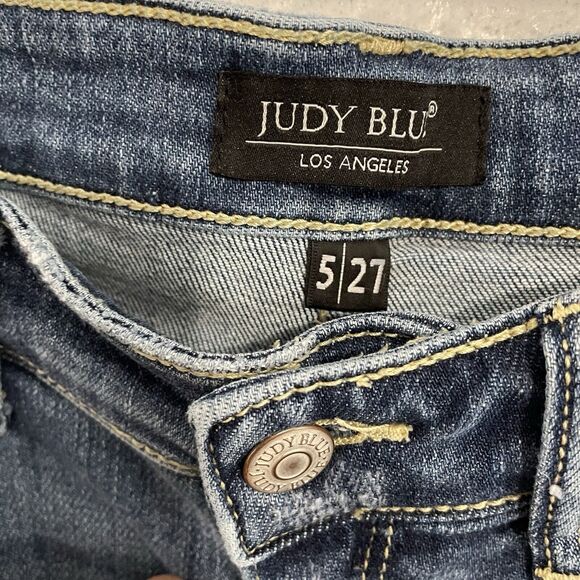 Judy Blue RELAXED FIT Jeans Size 5/27 Medium Wash Distressed Raw Hem Stretch - Picture 7 of 10